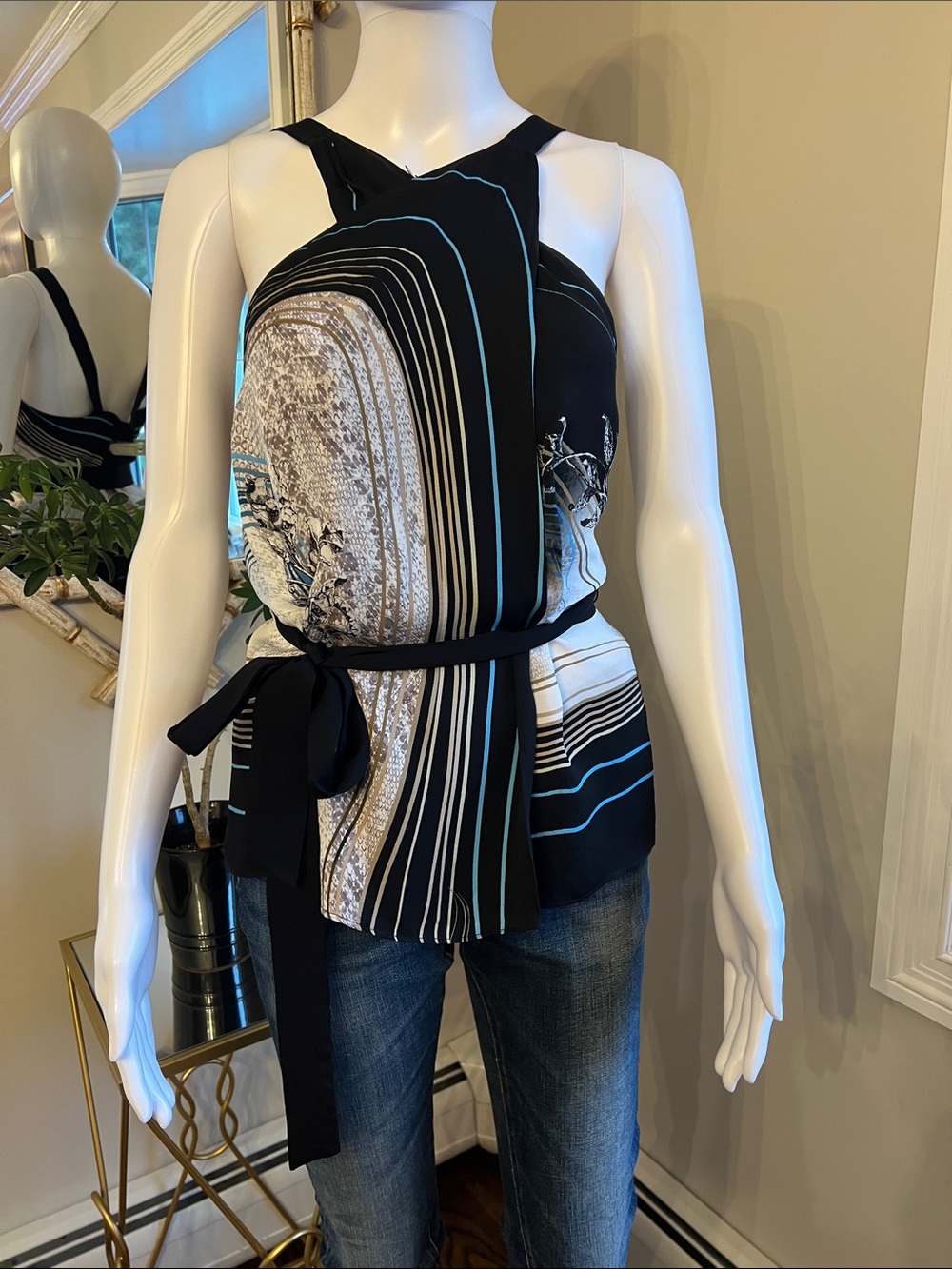 Reiss Black Abstract-Stripe Halter Tie-Waist Camisole
